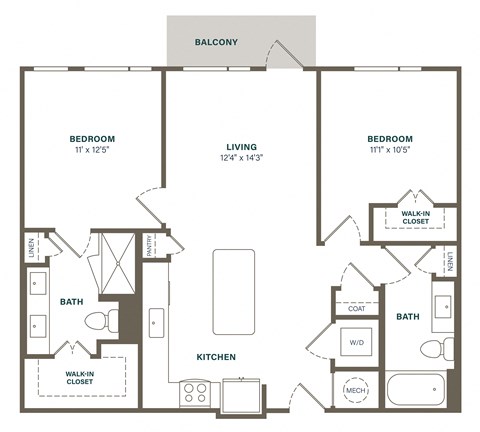 Floor plan for 2 beds, 2 baths, 1051 sqft